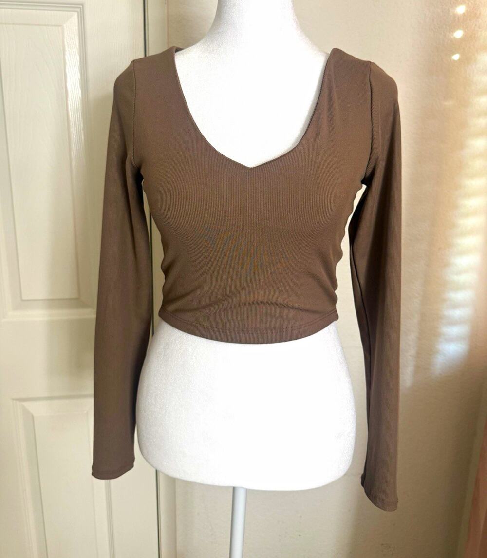 The Workshop Brown Ribbed Cropped V-Neck Long Sleeve Slim Stretch Top S